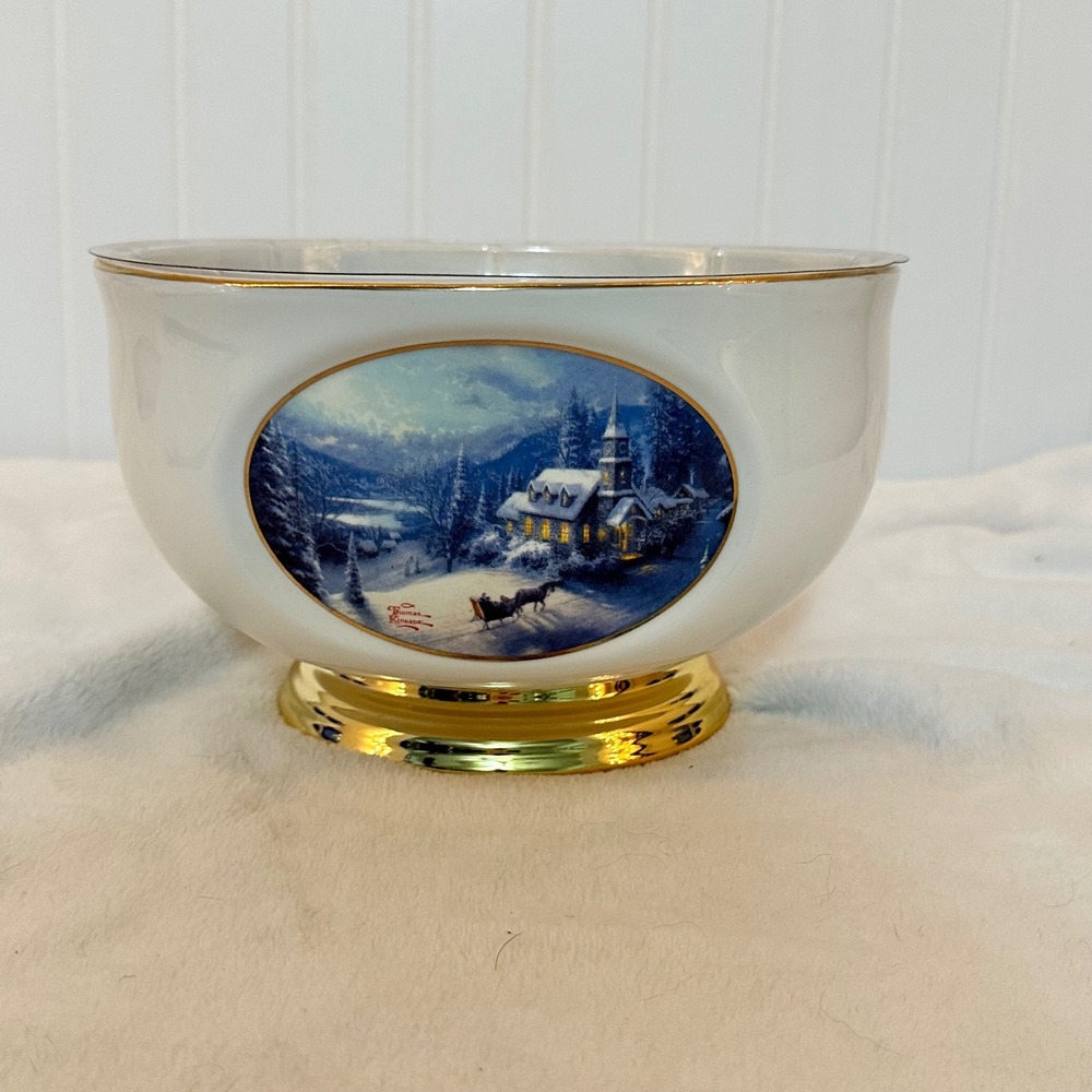 Thomas Kinkade Teleflora Sleigh Ride Bowl Excellent Gold Trim Ceramic Planter